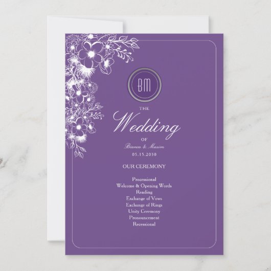 Purple Floral Monogram Wedding Program (正面)