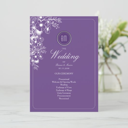 Purple Floral Monogram Wedding Program (スタンド正面)