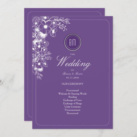 Purple Floral Monogram Wedding Program (正面/裏面)