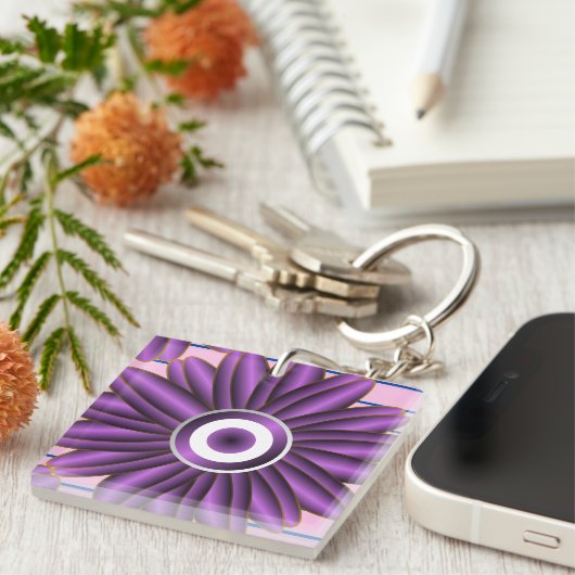 Purple Floral Pattern Modern Abstract Flower Desig キーホルダー (正面右)