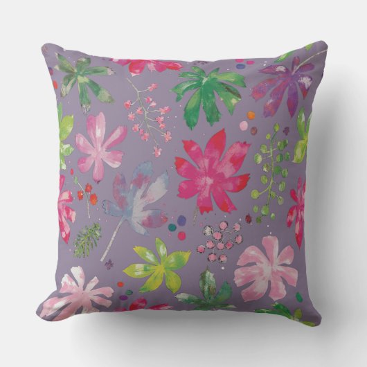 Purple Floral Pattern Pillow – Pink & Green Garden クッション (正面)