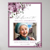 Purple Floral Photo Any Age Birthday Welcome ポスター (正面)