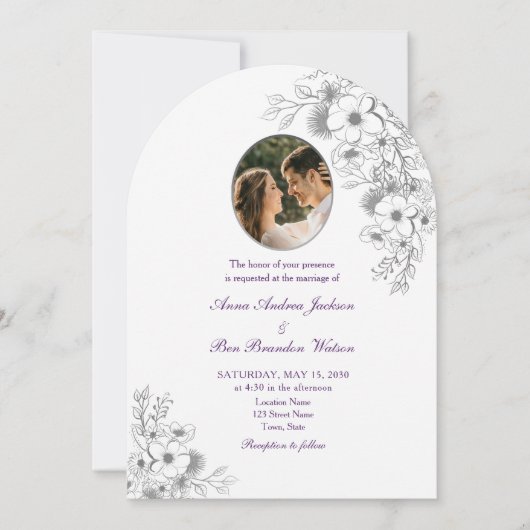 Purple Floral Photo Arched Wedding 招待状 (正面)