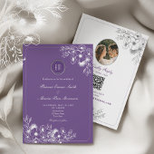 Purple Floral Photo QR Code Wedding 招待状