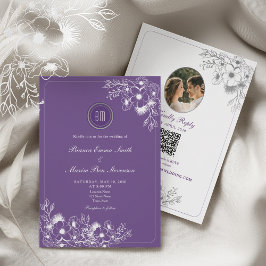 Purple Floral Photo QR Code Wedding 招待状