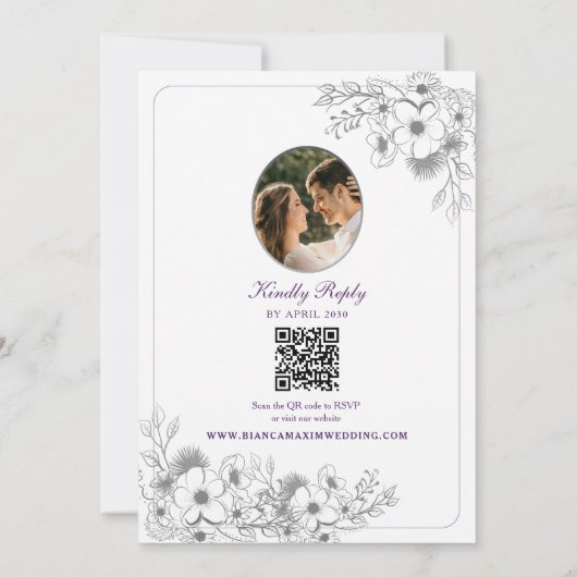 Purple Floral Photo QR Code Wedding 招待状 (裏面)
