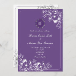 Purple Floral Photo QR Code Wedding 招待状