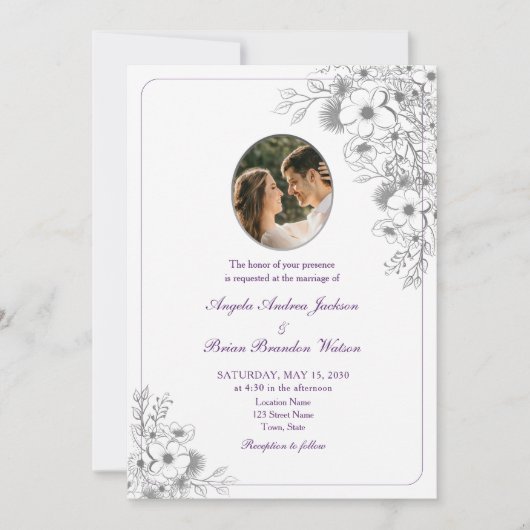 Purple Floral Photo Wedding 招待状 (正面)