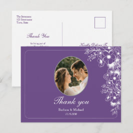 Purple Floral Photo Wedding Thank You ポストカード