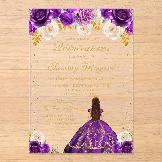 Purple Floral Princess Quinceañera アクリル招待状 (正面)