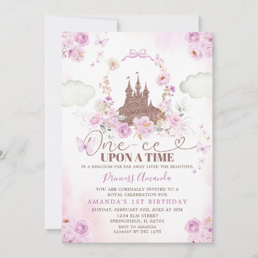 Purple Floral Princess Royal Castle 1st Birthday 招待状 (正面)