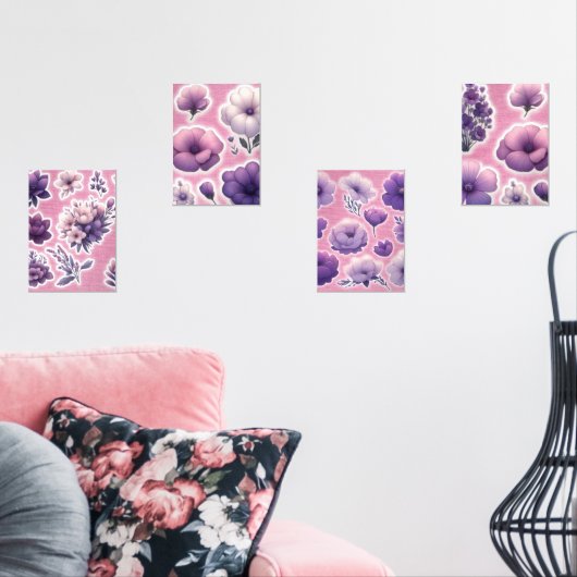 Purple Floral Print Set – Cute Pastel Flower Wall  (リビング)