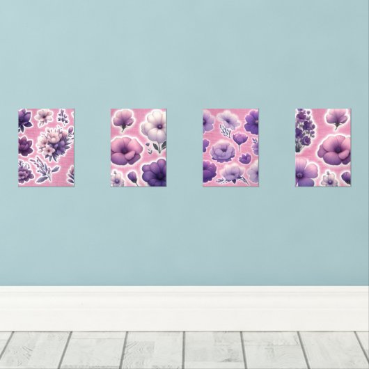 Purple Floral Print Set – Cute Pastel Flower Wall  (ウッドフロア)