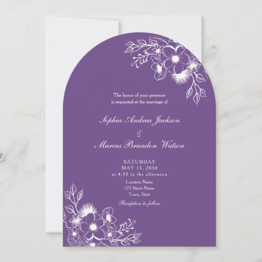 Purple Floral QR Code Wedding 招待状 (正面)