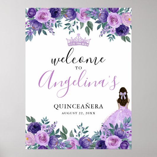 Purple Floral Quinceanera Welcome Sign ポスター (正面)