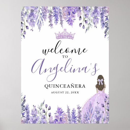 Purple Floral Quinceanera Welcome Sign ポスター (正面)