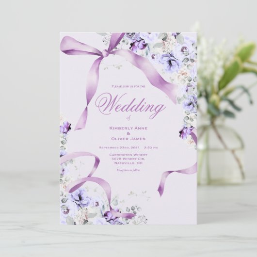 Purple Floral Ribbons Elegant Wedding Invitation 招待状 (スタンド正面)