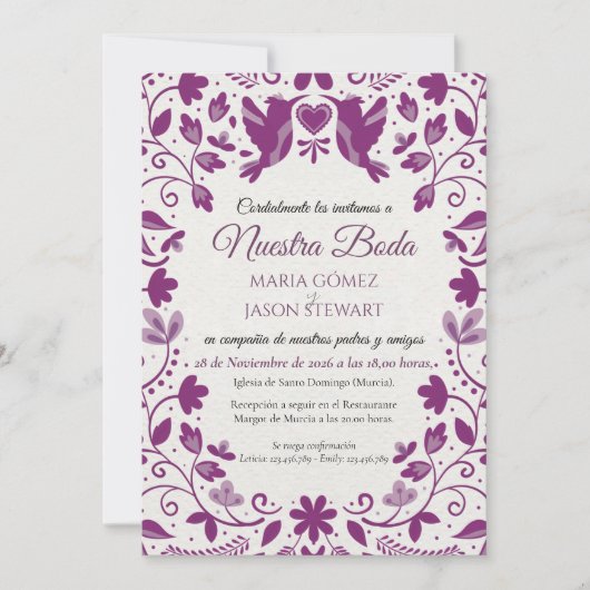 Purple Floral Romantic Aesthetic Spanish Wedding 招待状 (正面)