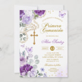 Purple Floral Rosary Catholic First Holy Communion 招待状 (正面)