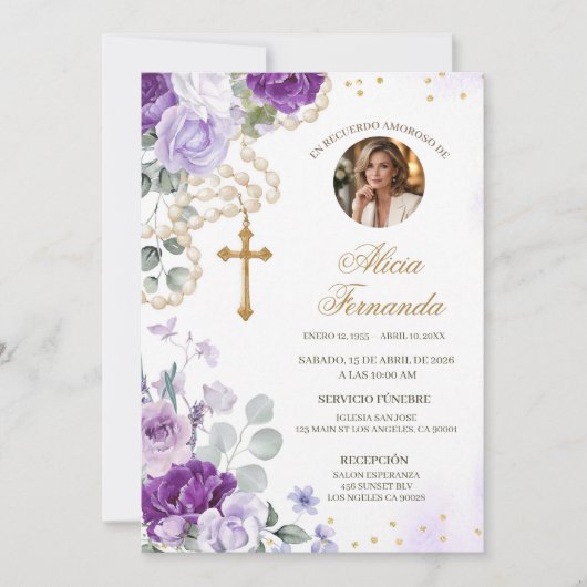 Purple Floral Rosary Catholic Funeral Invitation 招待状 (正面)