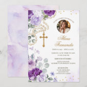 Purple Floral Rosary Catholic Funeral Invitation 招待状 (正面/裏面)