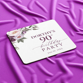Purple Floral Script 90th Birthday  スクエアペーパーコースター