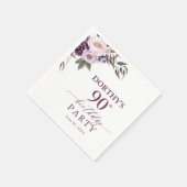 Purple Floral Script 90th Birthday スタンダードカクテルナプキン (角)