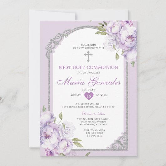 Purple Floral Silver Cross First Holy Communion 招待状 (正面)
