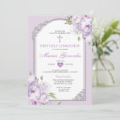 Purple Floral Silver Cross First Holy Communion 招待状 (スタンド正面)