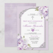 Purple Floral Silver Cross First Holy Communion 招待状 (正面/裏面)