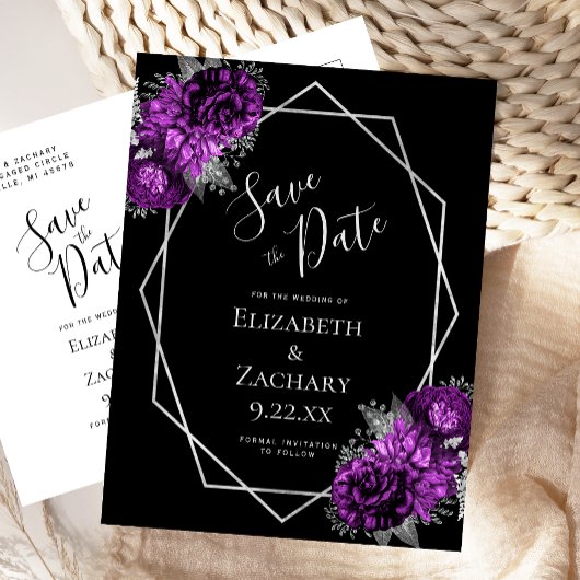 Purple Floral Silver Geo Frame Black Save the Date ポストカード