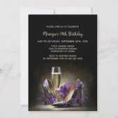 Purple Floral Stiletto Shoes Birthday Party 招待状 (正面)