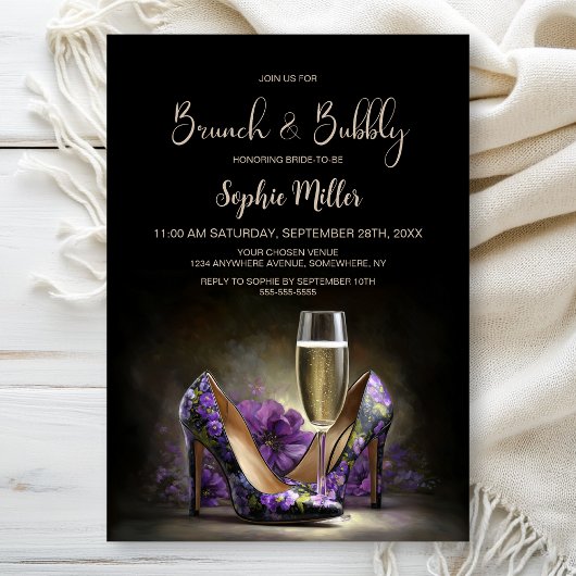 Purple Floral Stiletto Shoes Brunch and Bubbly 招待状