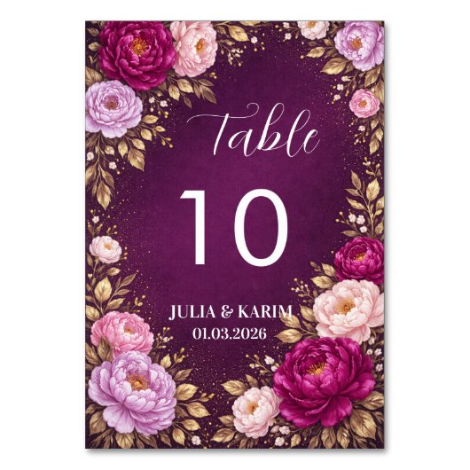 Purple Floral Table Number Cards Wedding Reception テーブルナンバー (正面)