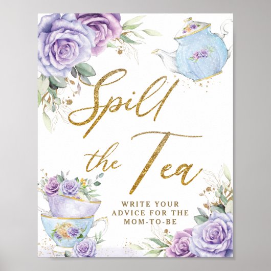 Purple Floral Tea Party Baby Shower Spill The Tea ポスター (正面)