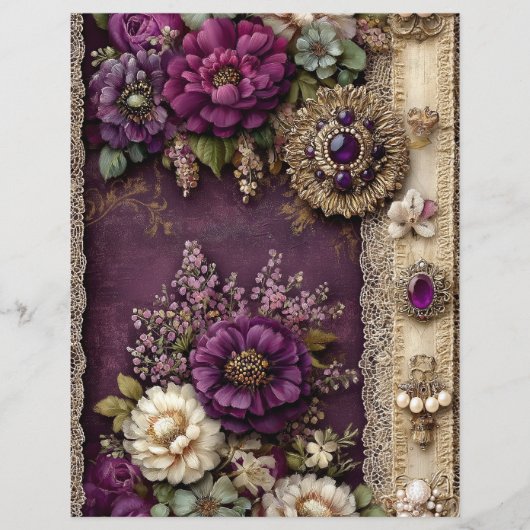 Purple Floral Vintage Junk Journal Scrapbook Paper (正面)