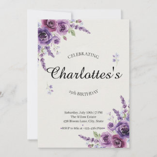 Purple Floral Watercolor Birthday Invitation 招待状