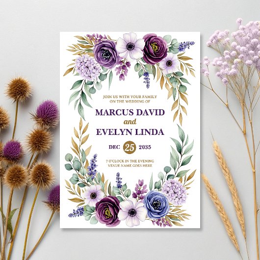 Purple Floral Watercolor Wedding Invitation Card 招待状