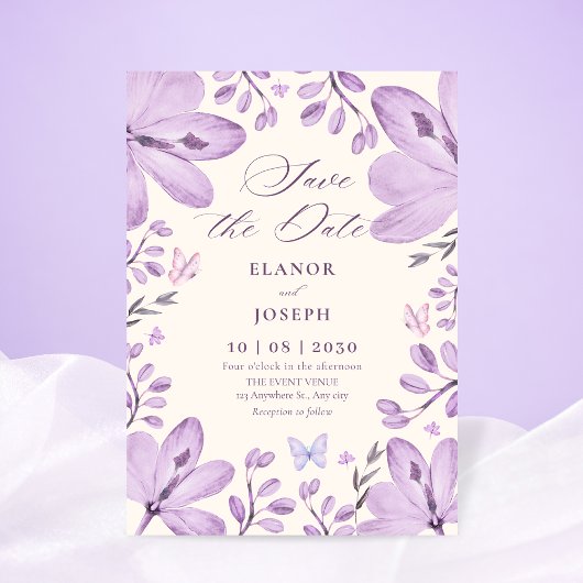 Purple floral wedding セーブザデート