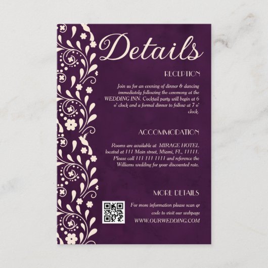 Purple Floral Wedding Details QR code エンクロージャーカード (正面)