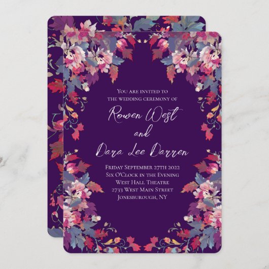 Purple Floral Wedding Invitations Bold Fall 招待状 (正面/裏面)