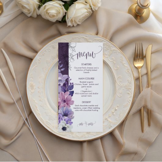 Purple Floral Wedding Menu Card メニュー