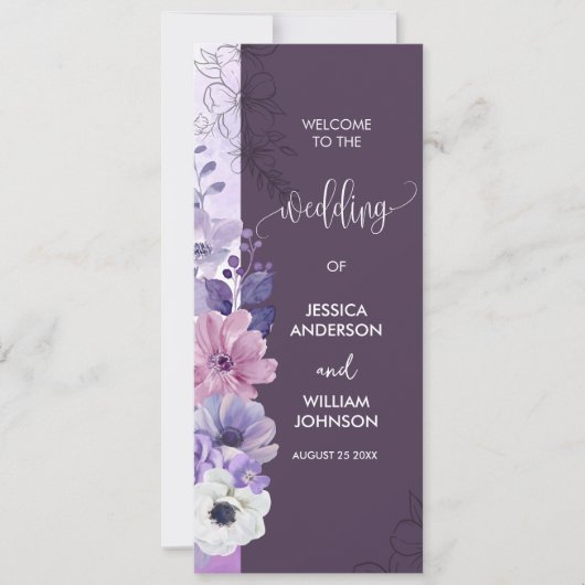 Purple Floral Wedding Program Card (正面)