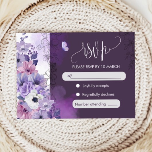 Purple Floral Wedding RSVP Card