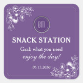 Purple Floral Wedding Snack Station スクエアシール (正面)