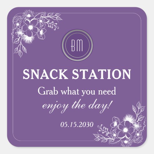Purple Floral Wedding Snack Station スクエアシール (正面)