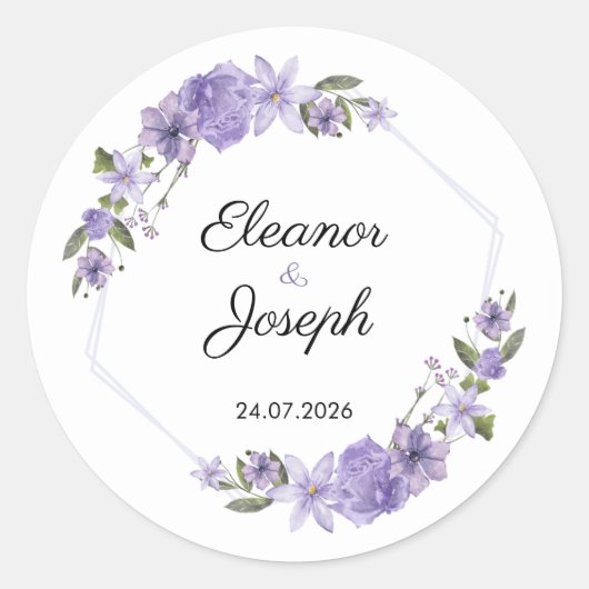 Purple Floral Wedding Sticker Circle Label ラウンドシール (正面)
