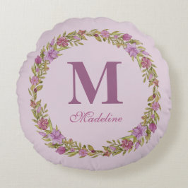 Purple Floral Wreath Monogram Girls Nursery  ラウンドクッション