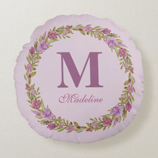 Purple Floral Wreath Monogram Girls Nursery  ラウンドクッション (正面)