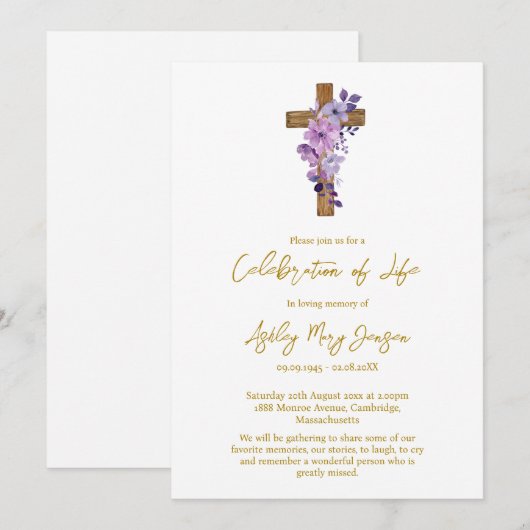 Purple flower cross Celebration of Life Funeral 招待状 (正面/裏面)